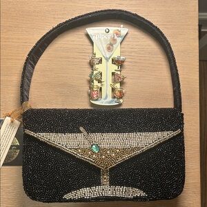 Martini Black Beaded Handbag with Cocktail Hair Clips 🍸